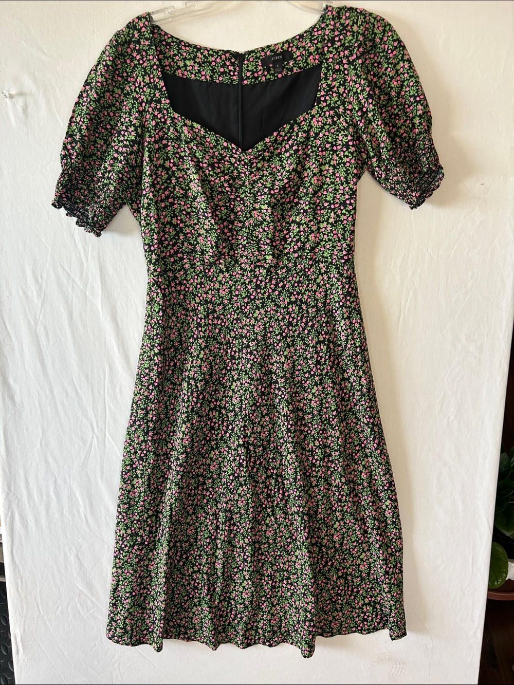 JCrew Floral Puff-Sleeve Midi Dress - Black with Pink & Green Floral